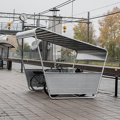 Bicycle storage next to a train station.